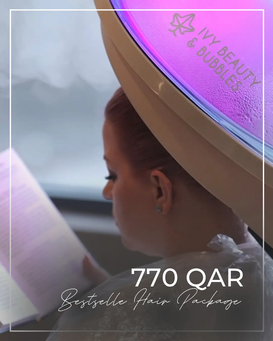 تصميم يوضح باقة الشعر الأكثر مبيعًا في آيفي أبوظبي، مع ظهور إحدى العميلات تحت جهاز معالجة الشعر في الصالون.