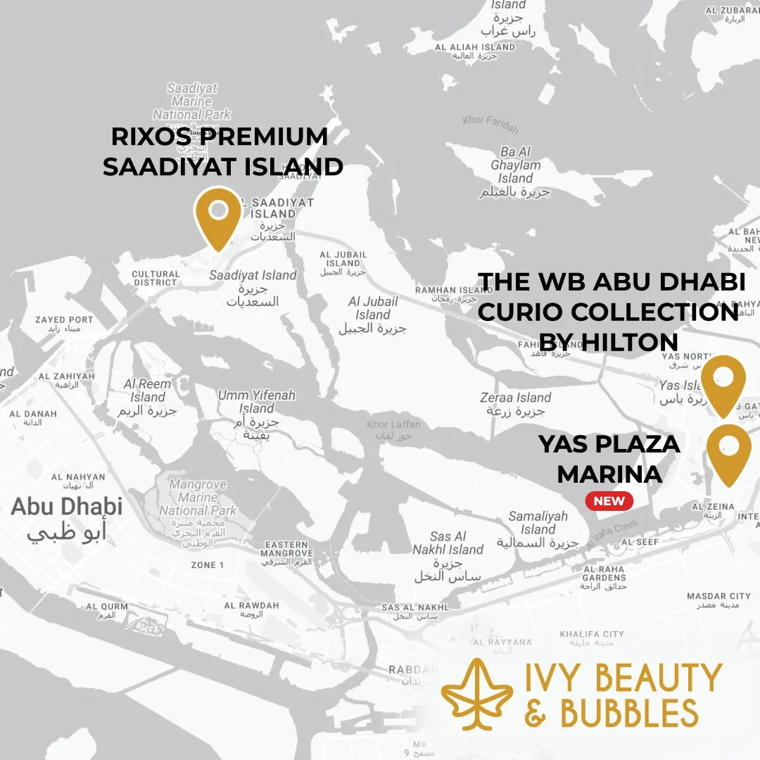 Map showing Ivy Beauty & Bubbles hair salons in Abu Dhabi: The WB Abu Dhabi and Yas Plaza Marina on Yas Island, and Rixos Premium on Saadiyat Island